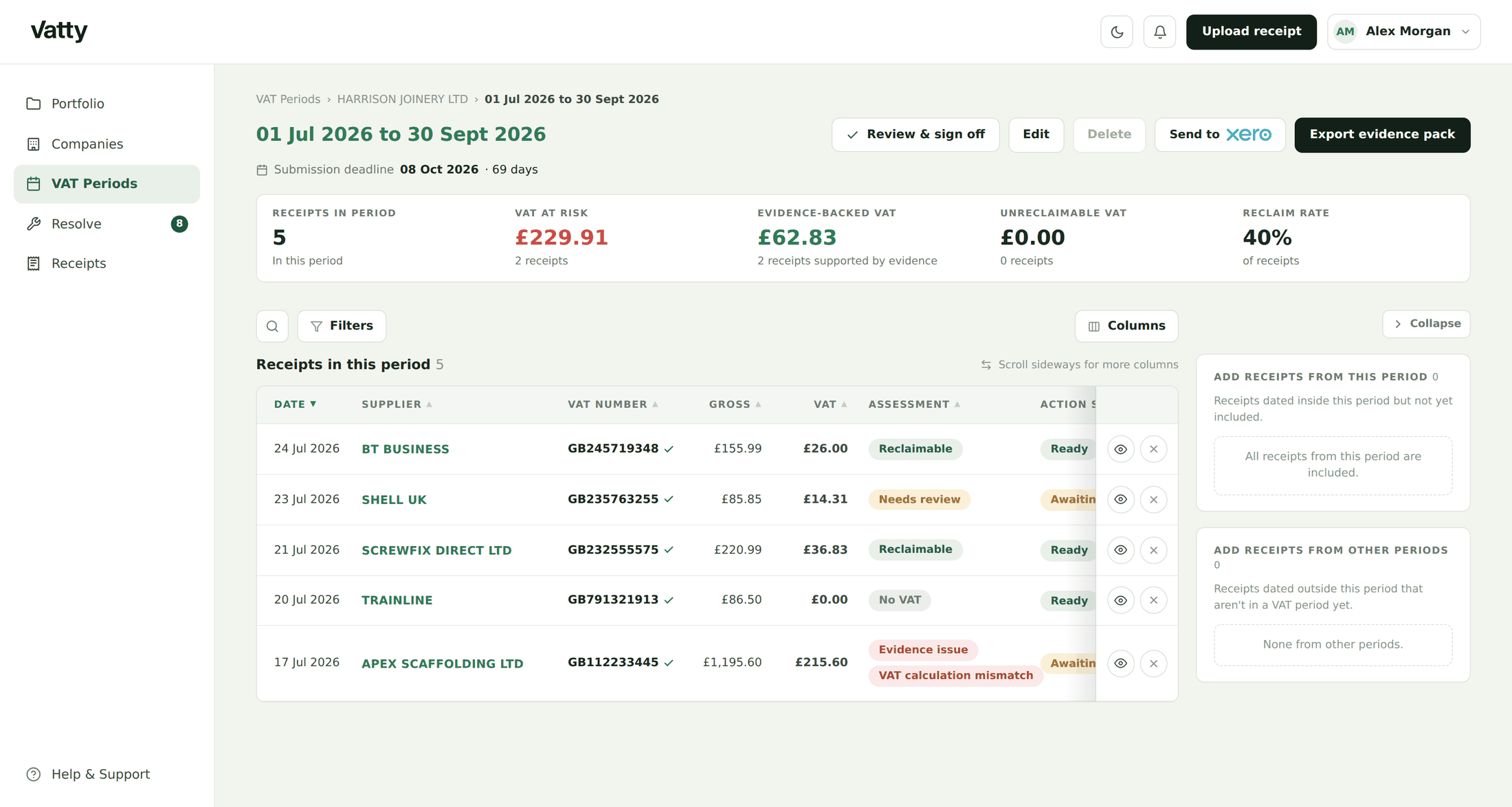 A VAT period in Vatty with its receipts, evidence-backed VAT total and the export evidence pack action
