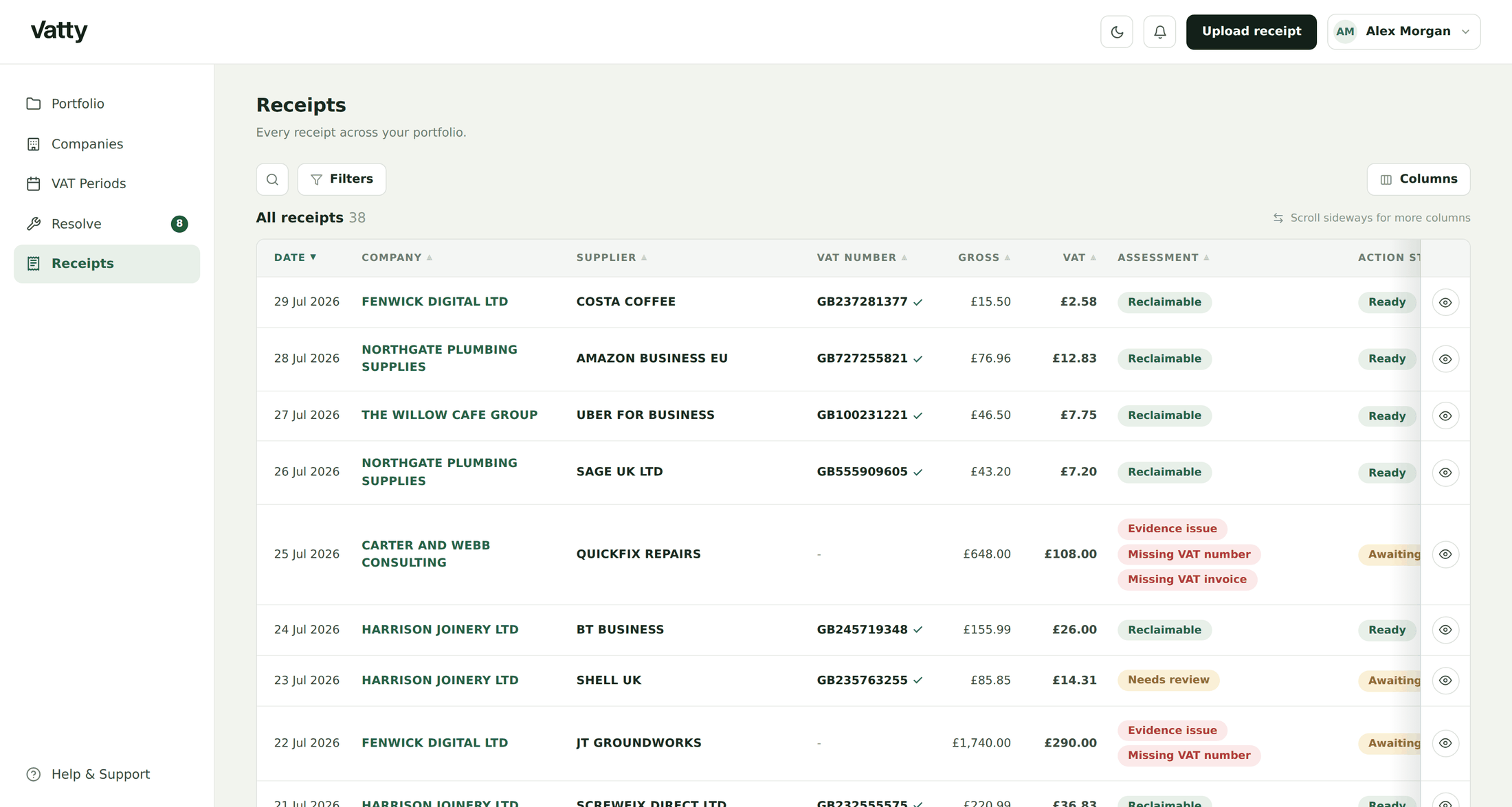 The Vatty receipts list showing each supplier VAT number checked and an assessment against every receipt